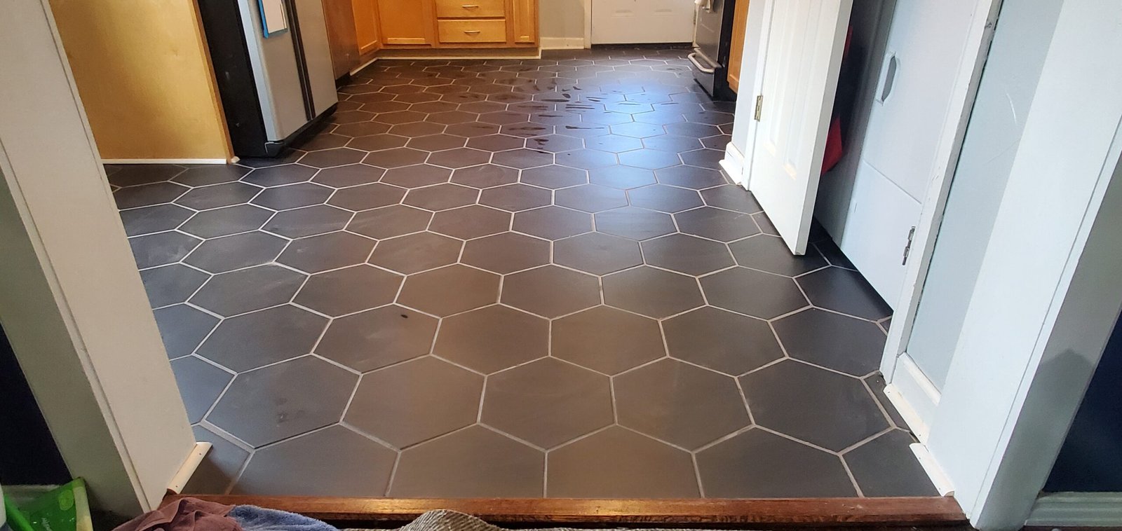 kitchen tile, tile floor, hexagon tile, black tile