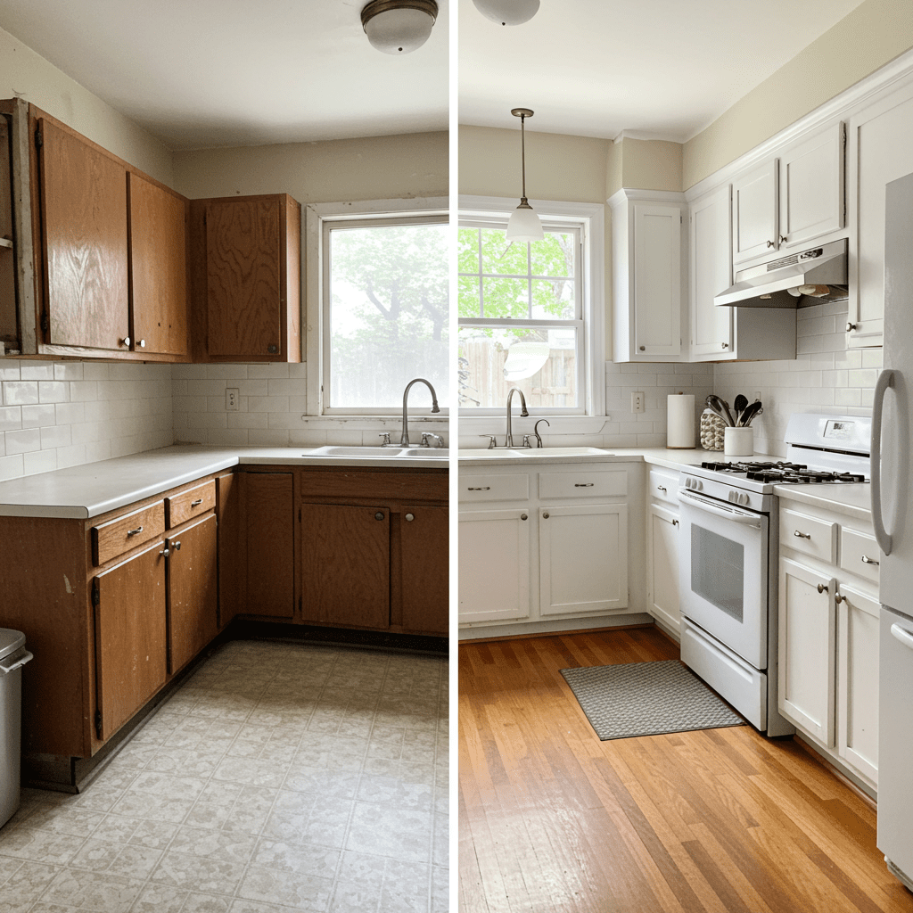 A single image split into two panels. On the left, a dated, unrenovated kitchen. On the right, the same kitchen after a modern remodel, showcasing how a strategic Houston remodeling budget can transform a space.