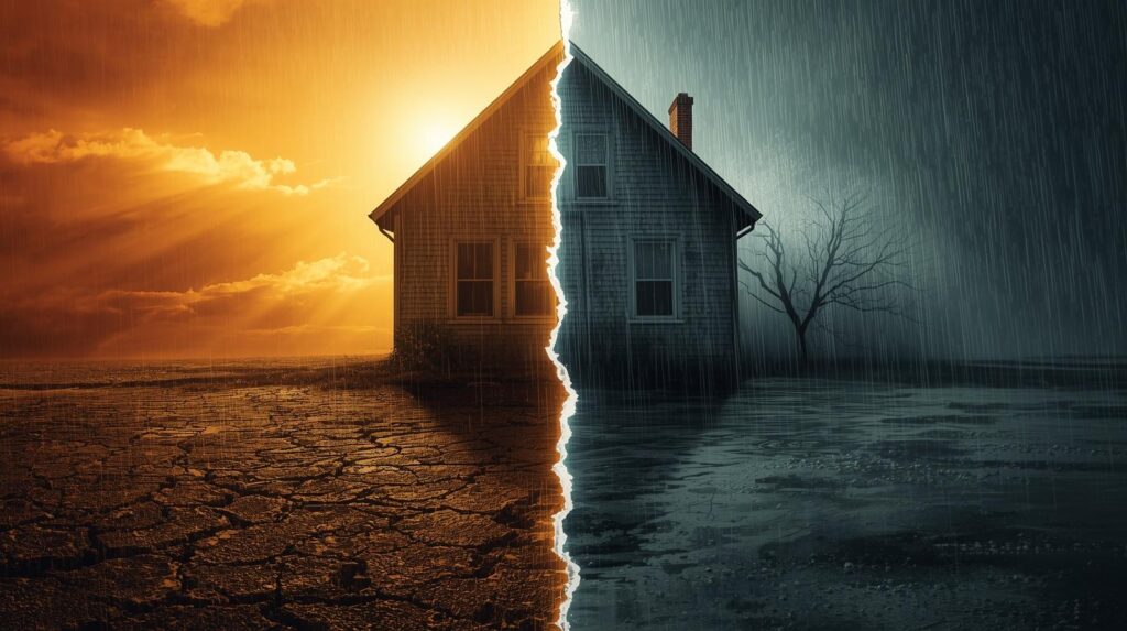 A house split by a storm, symbolizing the dual challenges of heat, humidity, and rain for home remodeling materials in Houston.