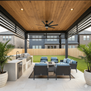 Modern covered patio with an outdoor kitchen, ceiling fan, and seating area, maximizing Houston Remodeling ROI through essential outdoor living.