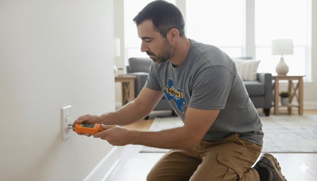 Handyman Services Houston technician safely using a voltage tester on an electrical outlet in an Inner Loop home.