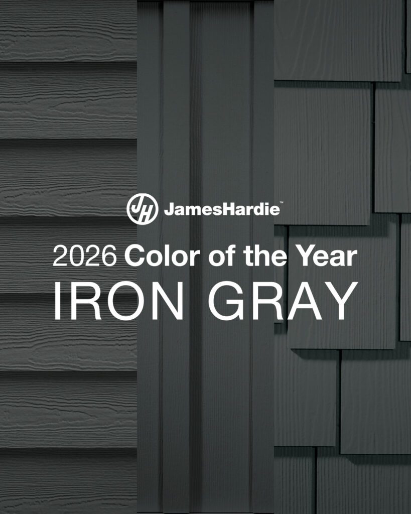 James Hardie Iron Gray 2026 siding textures showing horizontal lap, vertical board and batten, and shingle profiles.