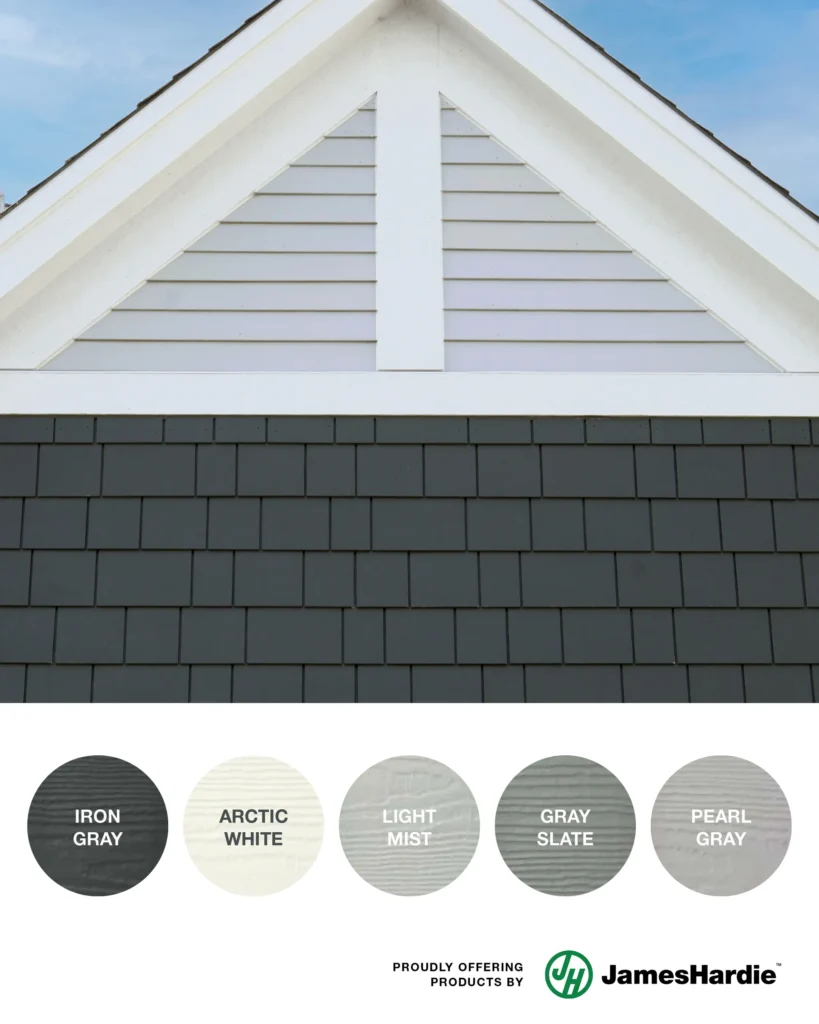 James Hardie Iron Gray 2026 color palette with complementary shades including Arctic White, Light Mist, Gray Slate, and Pearl Gray.