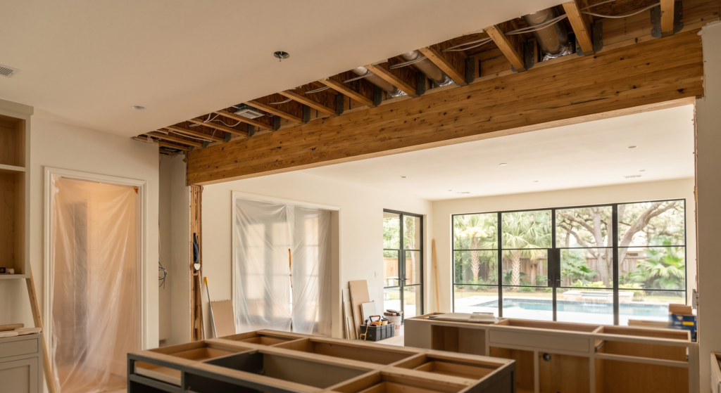 An active Houston open concept remodel scene. A large engineered LVL beam is exposed, illustrating complex structural engineering and safe load-bearing wall removal. The bright space opens a kitchen to the living area, with views of a lush Houston backyard through premium windows.